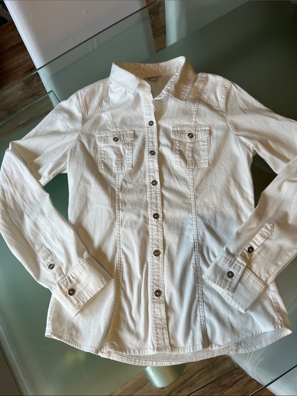 Guess White Button-Down Shirt with Chest Pockets